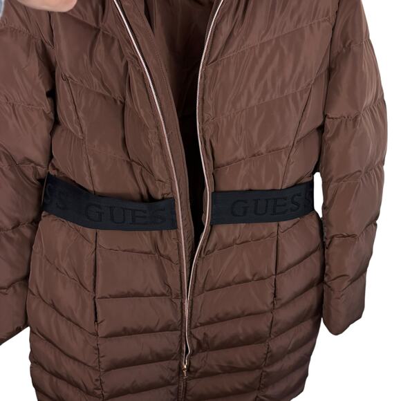 GUESS Janina Brown Long Line Faux Fur Hood Full Zip Down Puffer Jacket Size L - Picture 6 of 14